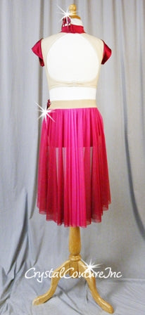 Magenta and Nude Top & Trunks with Sheer Mesh Back Skirt - Swarovski Rhinestones