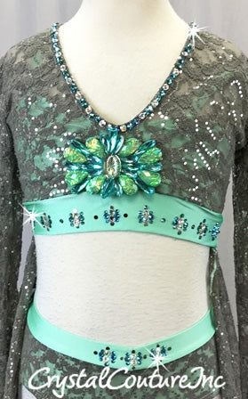 Gray Lace and Seafoam Green Lycra Long-sleeved Crop Top and Brief/Skirt - Rhinestones