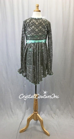 Gray Lace and Seafoam Green Lycra Long-sleeved Crop Top and Brief/Skirt - Rhinestones