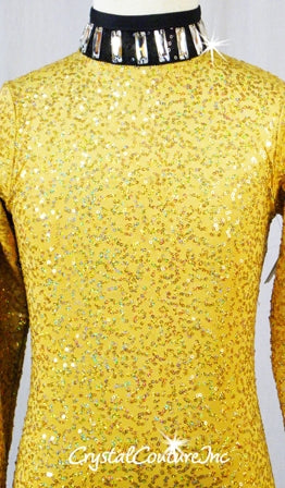 Gold Zsa Zsa Long Sleeve Leotard with Black Trim- Swarovski Rhinestones