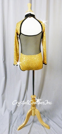 Gold Zsa Zsa Long Sleeve Leotard with Black Trim- Swarovski Rhinestones