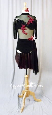Black Sheer Mesh Leotard with Black Lycra Top & Trunk/Sheer Skirt - Appliques