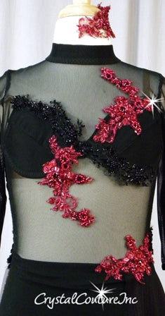 Black Sheer Mesh Leotard with Black Lycra Top & Trunk/Sheer Skirt - Appliques