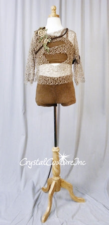 Brown Crop Top & Booty Shorts with Open Netting Shirt & Appliques