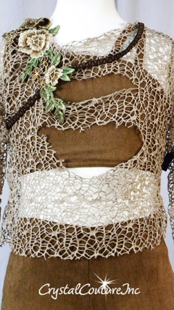 Brown Crop Top & Booty Shorts with Open Netting Shirt & Appliques