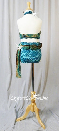Teal Blue/Lt Turquoise/Brown Lace 2 Piece Crop Top & Trunks w/ Draped Belt - Swarovski Rhinestones