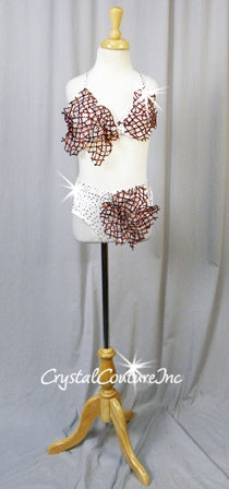 White Bra Top & Trunks with Black Netting - Swarovski Rhinestones