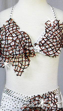 White Bra Top & Trunks with Black Netting - Swarovski Rhinestones