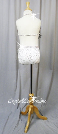 White Bra Top & Trunks with Black Netting - Swarovski Rhinestones