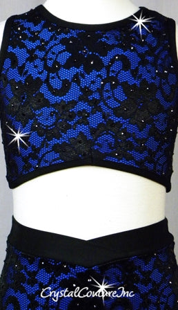 Cobalt Blue Crop Top & Trunks with Black Lace Overlay - Swarovski Rhinestones