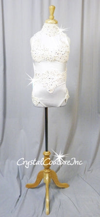 White Leotard with Ivory/White Lace Appliques and Lt Blue Bow - Swarovski Rhinestones