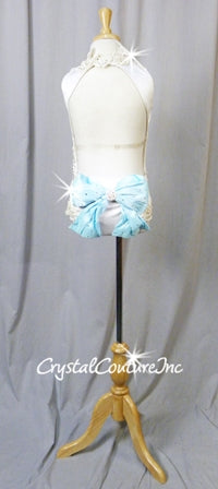 White Leotard with Ivory/White Lace Appliques and Lt Blue Bow - Swarovski Rhinestones