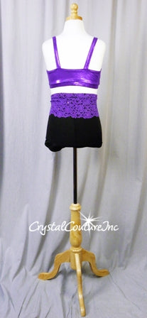 Shimmery Purple Bra-Top & Black/Purple Lace Booty Shorts - Rhinestones