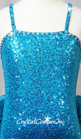 Bright Teal Blue Zsa Zsa Sequin Leotard with Tulle Ruffle Back Skirt - Swarovski Rhinestones