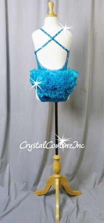 Bright Teal Blue Zsa Zsa Sequin Leotard with Tulle Ruffle Back Skirt - Swarovski Rhinestones