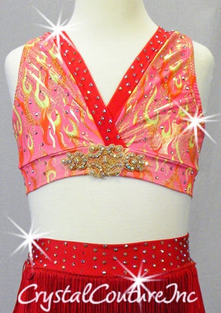 Red & Hot Pink 2 Pc Top and Booty Shorts/Fringe Skirt - Rhinestones - Swarovski Rhinestones