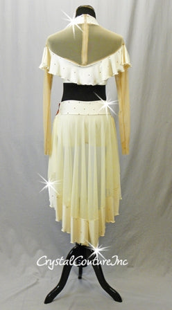 Ivory Lycra and Sheer Mesh 2 pc Long Sleeve Top and Trunk/Half Skirt - Rhinestones