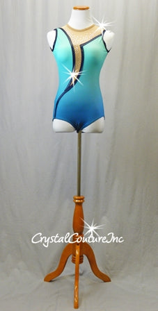 Blue Ombre Leotard with Nude Mesh Panels on Front and Back - Swarovski Rhinestones