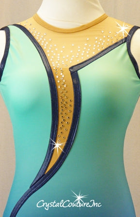 Blue Ombre Leotard with Nude Mesh Panels on Front and Back - Swarovski Rhinestones