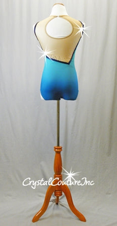 Blue Ombre Leotard with Nude Mesh Panels on Front and Back - Swarovski Rhinestones