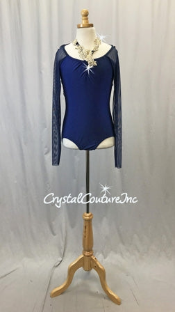 Navy Blue Lycra Leotard with Sheer Mesh Sleeves and Back Draping - Appliques - Rhinestones