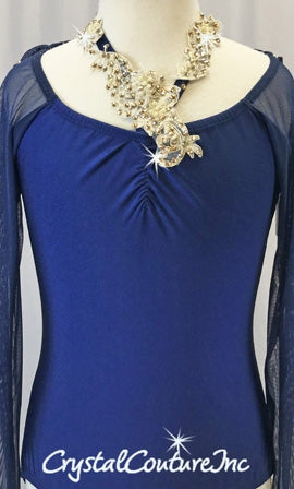 Navy Blue Lycra Leotard with Sheer Mesh Sleeves and Back Draping - Appliques - Rhinestones