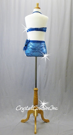 Teal Blue floral Lace 2-Piece Halter Top and Trunks with Floral Appliques - Swarovski Rhinestones