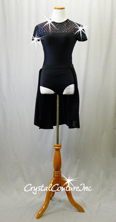 Black Leotard with Open Back and 2 Optional Black Skirts - Rhinestones