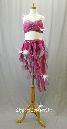 Plum/Dark Pink 2-Piece Bra Top and Trunks with Tendril Skirt - Swarovski Rhinestones