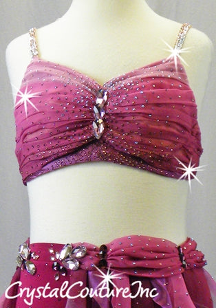 Plum/Dark Pink 2-Piece Bra Top and Trunks with Tendril Skirt - Swarovski Rhinestones