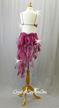 Plum/Dark Pink 2-Piece Bra Top and Trunks with Tendril Skirt - Swarovski Rhinestones