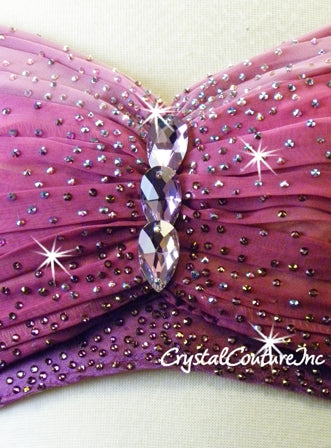 Plum/Dark Pink 2-Piece Bra Top and Trunks with Tendril Skirt - Swarovski Rhinestones