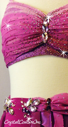 Plum/Dark Pink 2-Piece Bra Top and Trunks with Tendril Skirt - Swarovski Rhinestones