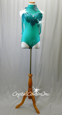 Green High-Neck Leotard with Floral Details and Mesh Draping - Swarovski Rhinestones