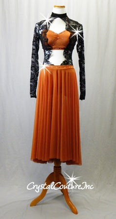 Burnt Orange/Black 1-Piece Dress with Lace Bodice/Sleeves and Long Mesh Skirt
