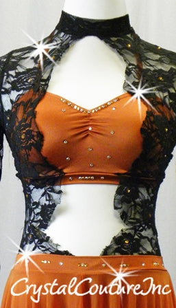 Burnt Orange/Black 1-Piece Dress with Lace Bodice/Sleeves and Long Mesh Skirt