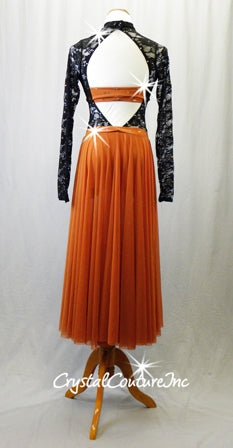 Burnt Orange/Black 1-Piece Dress with Lace Bodice/Sleeves and Long Mesh Skirt