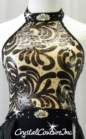 Black and Nude Leotard with Chiffon Back Skirt - Swarovski Rhinestones