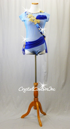 Lt Blue Mesh & Nude Lycra Leotard with Navy Accents and Gold Floral Applique -  Rhinestones