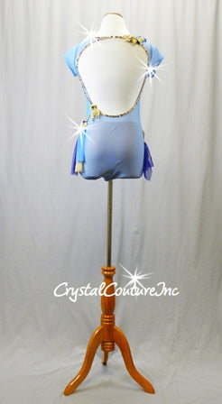 Lt Blue Mesh & Nude Lycra Leotard with Navy Accents and Gold Floral Applique - Rhinestones