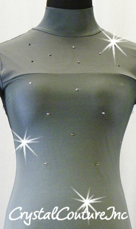Grey Mesh Ombre Leotard with Long Sleeves and Open Back - Rhinestones