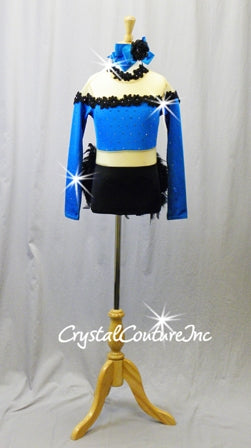 Teal Blue/Black Lycra Leotard with Nude Mesh, Black Flower Trim & Feathers - Rhinestones