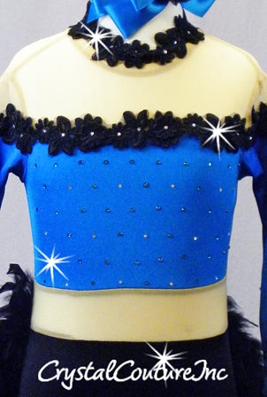 Teal Blue/Black Lycra Leotard with Nude Mesh, Black Flower Trim & Feathers - Rhinestones