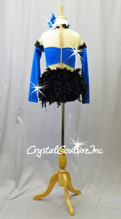 Teal Blue/Black Lycra Leotard with Nude Mesh, Black Flower Trim & Feathers - Rhinestones