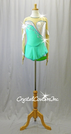Green/Blue/Silver Long Sleeve Leotard Dress with Nude Mesh - Swarovski Rhinestones