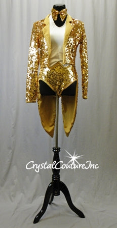 White/Gold Halter Leotard with Gold Sequined Jacket with Tails Crystal Couture White/Gold Halter Leotard with Gold Sequined Jacket with Tails Crystal Couture