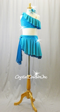 Teal Blue Top and Trunks with Asymmetrical Mesh Draping and Skirt - Rhinestones