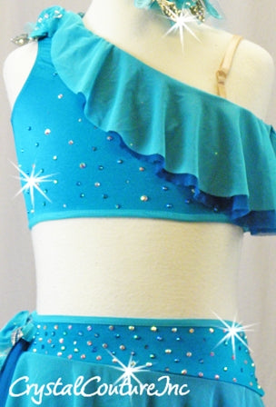 Teal Blue Top and Trunks with Asymmetrical Mesh Draping and Skirt - Rhinestones