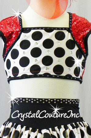 Black/White Polka Dot Top and Booty Shorts/Skirt with Red Accents - Rhinestones