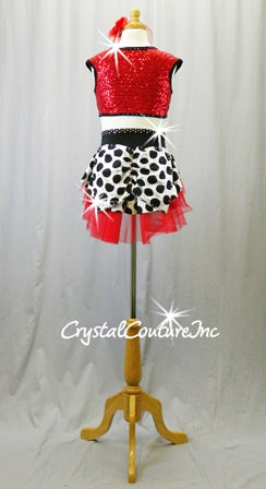 Black/White Polka Dot Top and Booty Shorts/Skirt with Red Accents - Rhinestones